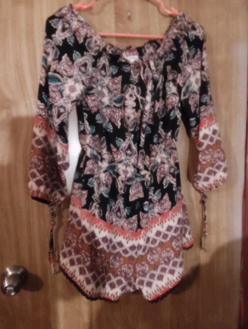 Boho Floral Off-Shoulder Women's Romper- Black with Coral and Brown Accents